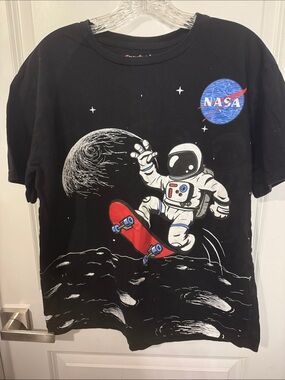 Fruit of the Loom Black Tee with Red Skateboard and Blue NASA Patch